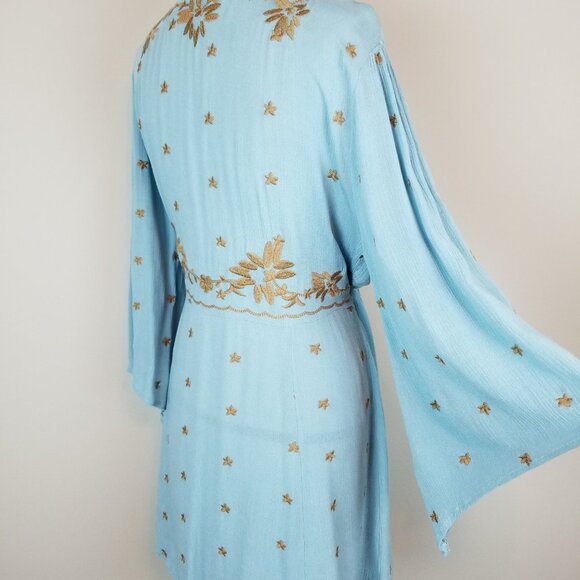 Paparazzi Blue Green Gauzy Dress with Gold Floral Embroidery Women's Size Medium - Picture 8 of 11